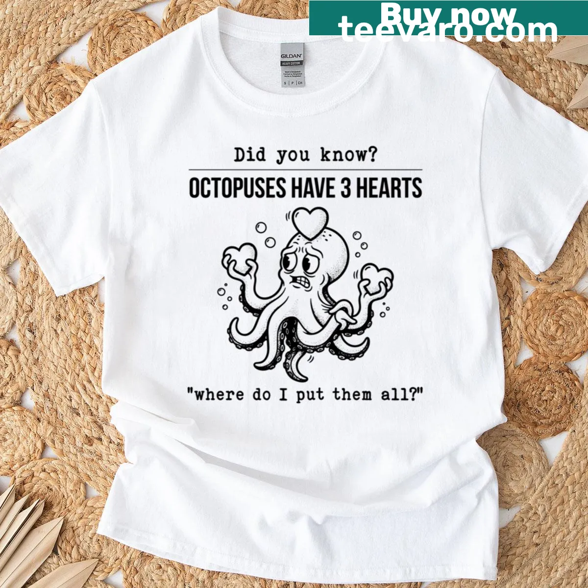 Funny t-shirt with an octopus fact about its three hearts — on a men's t-shirt