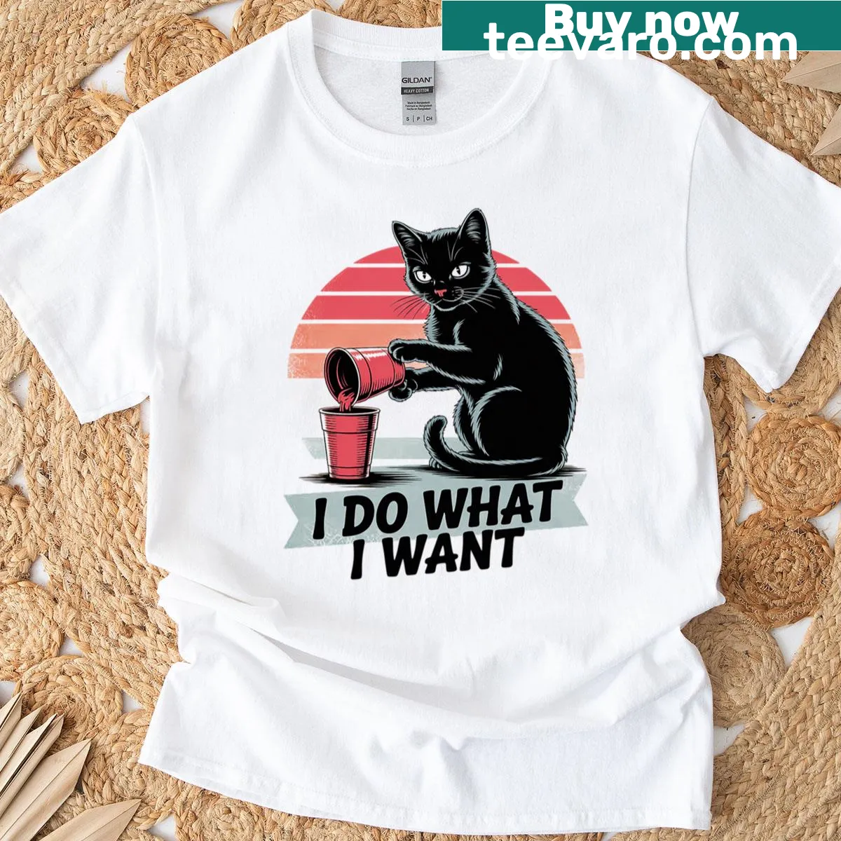 Funny black cat with a red cup illustration — on a men's t-shirt