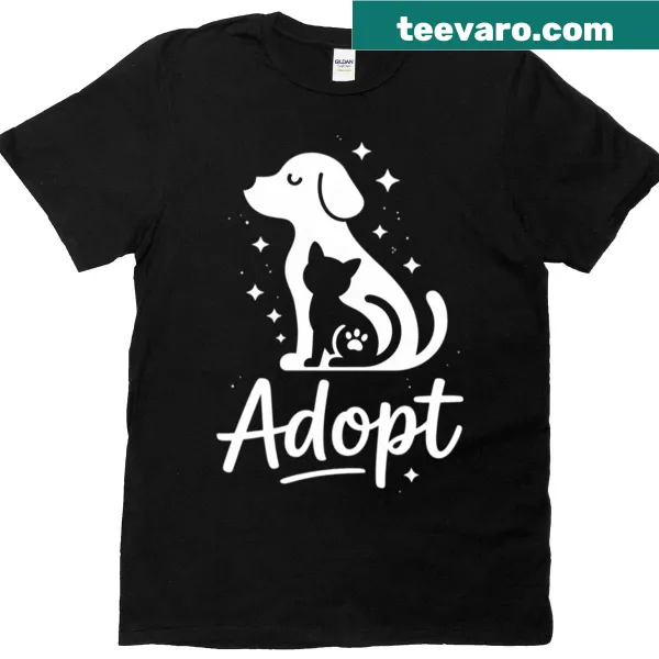 T-shirt featuring dog and cat illustrations promoting pet adoption