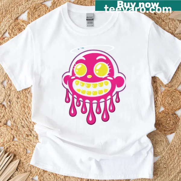 Neon cartoon angel face with a drippy smile on a T-shirt