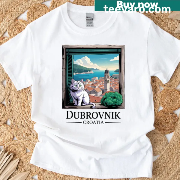 Vintage-style t-shirt with a charming cat design inspired by Dubrovnik
