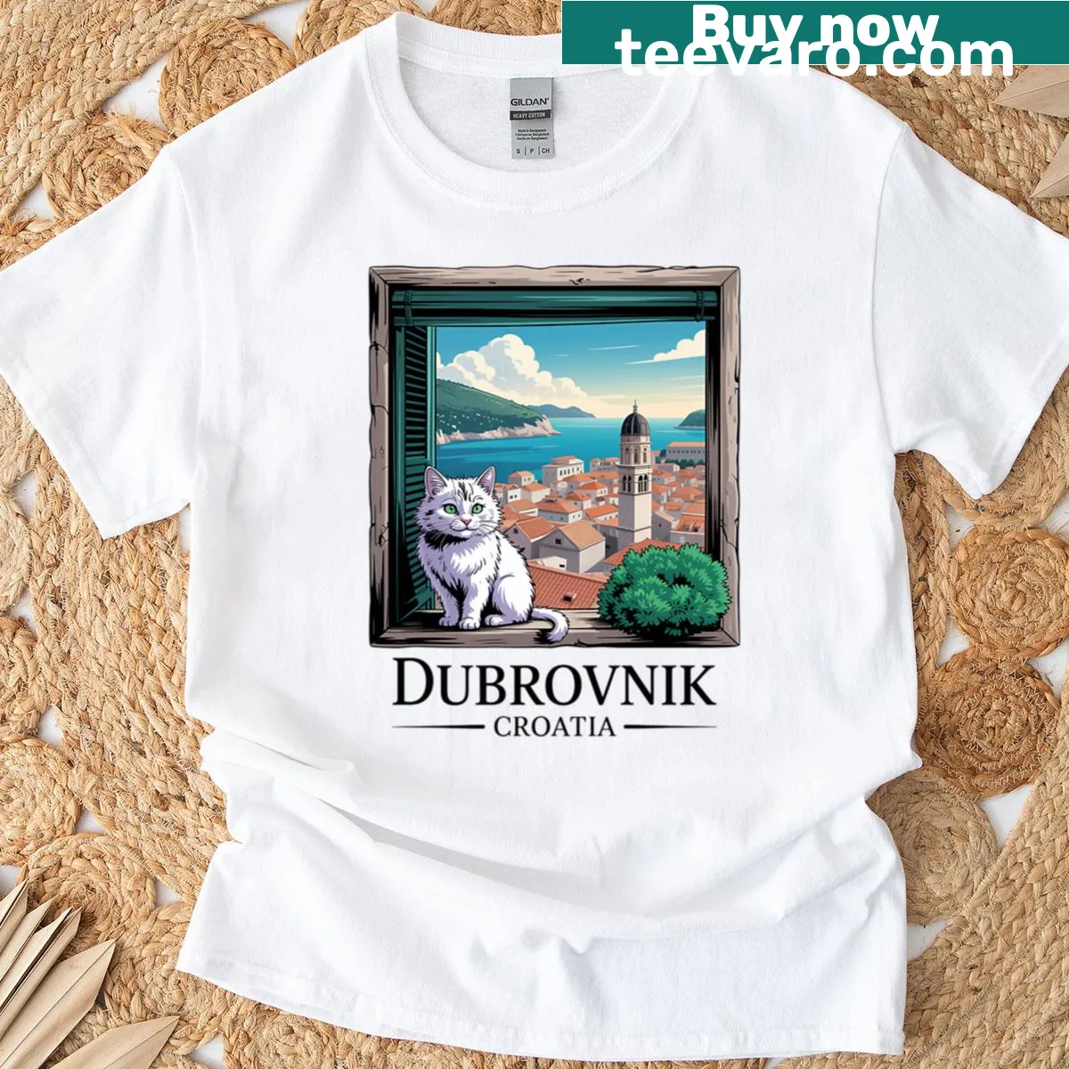 Vintage-style t-shirt with a charming cat design inspired by Dubrovnik — on a men's t-shirt