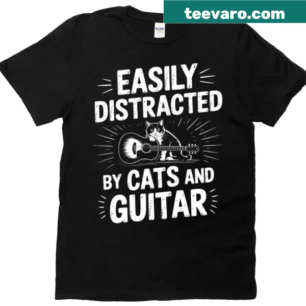 T-shirt featuring a playful design of cats and guitars with funny text