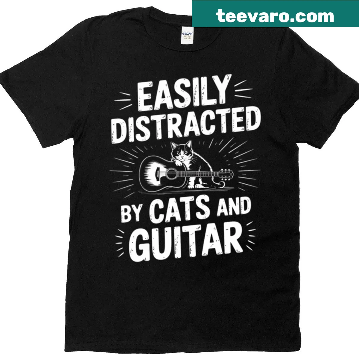 T-shirt featuring a playful design of cats and guitars with funny text — on a men's t-shirt