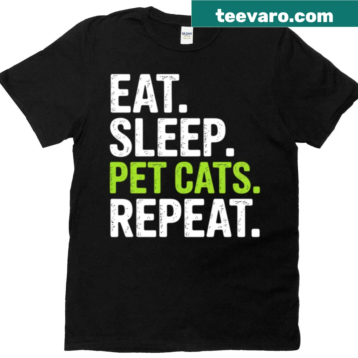 T-shirt with the slogan: 'Eat Sleep Pet Cats' in playful typography — on a men's t-shirt