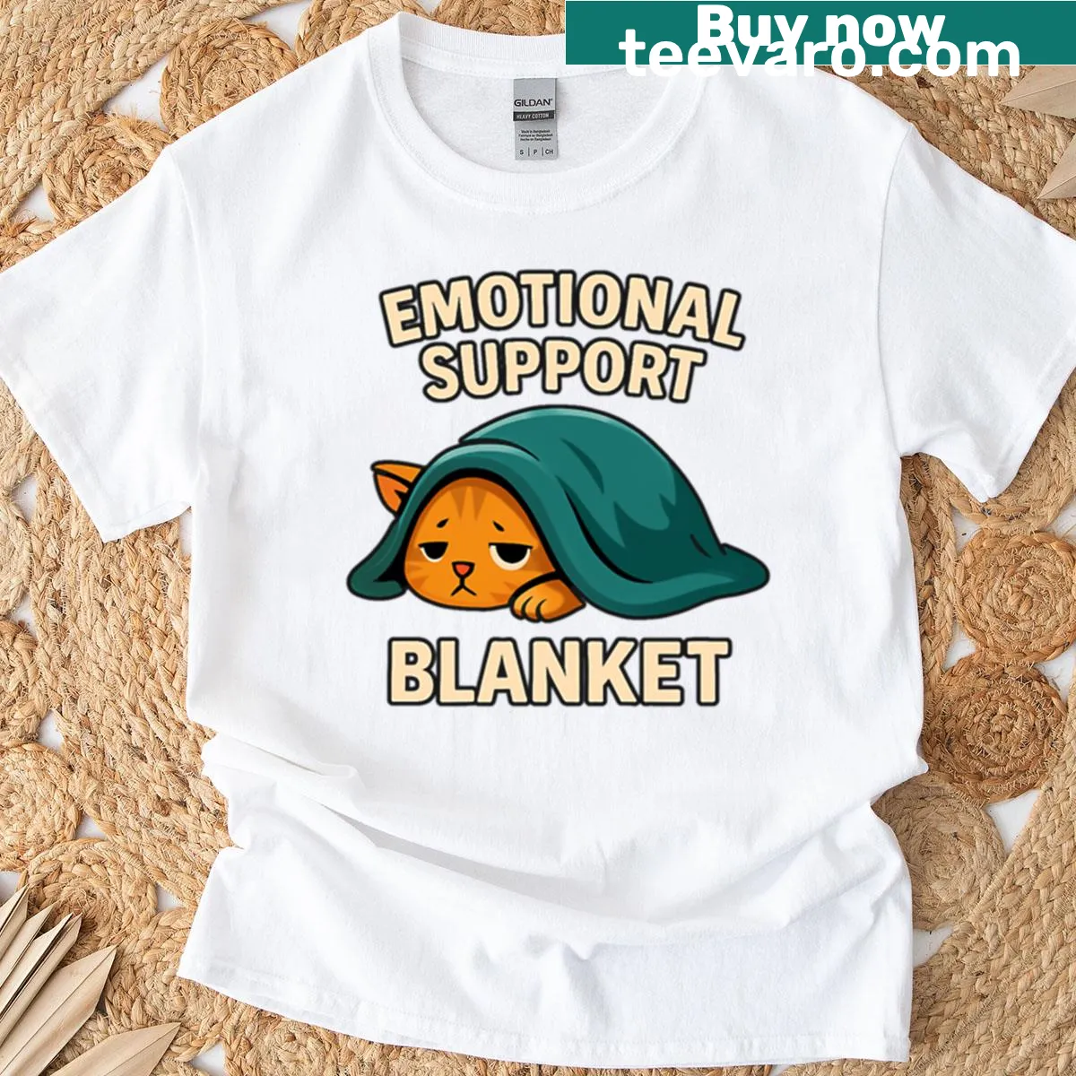 Funny grumpy cat illustration on emotional support blanket T-shirt — on a men's t-shirt