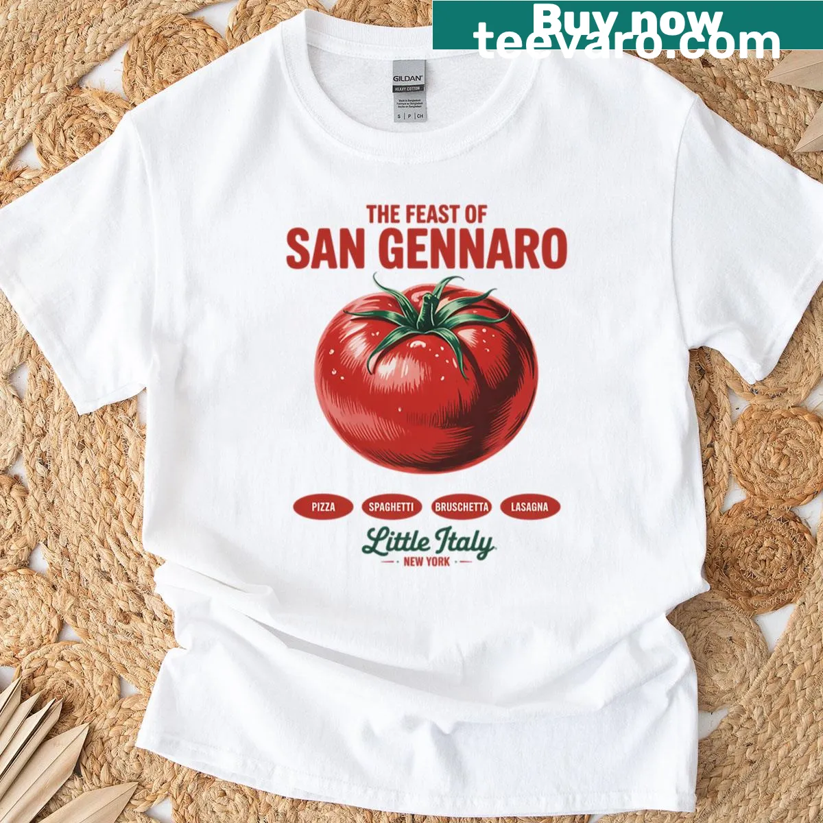 Graphic celebrating the Feast of San Gennaro with Italian food — on a men's t-shirt