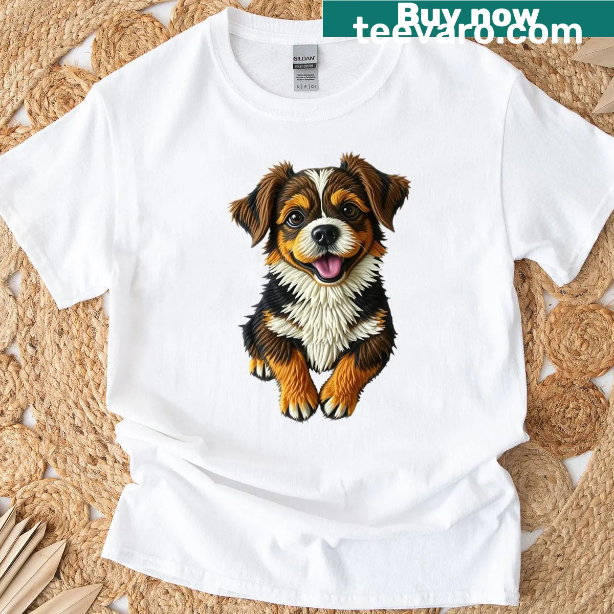 Faux patchwork style portrait of a fluffy puppy on a T-shirt — on a men's t-shirt