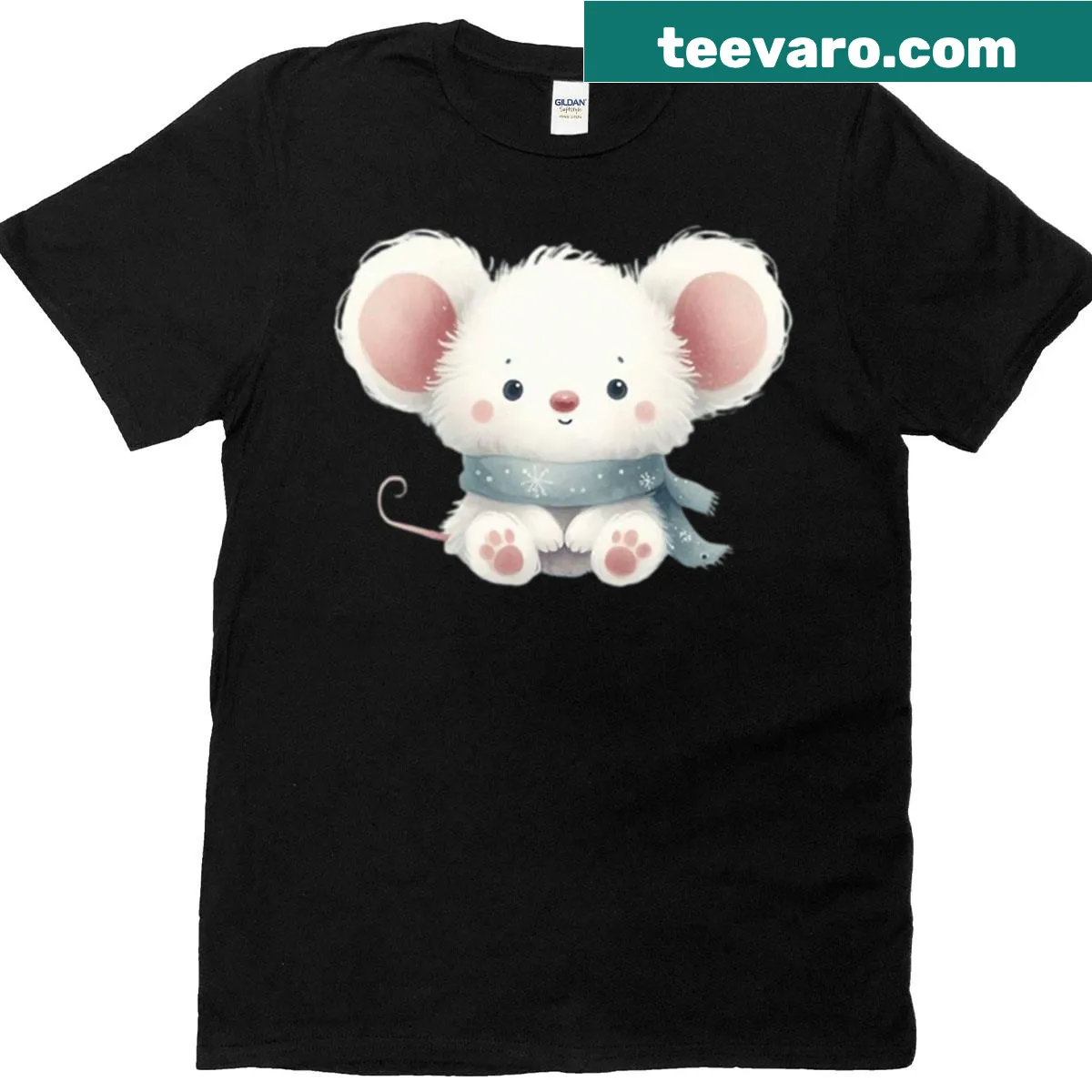 Fluffy white mouse wearing a blue scarf t-shirt — on a men's t-shirt