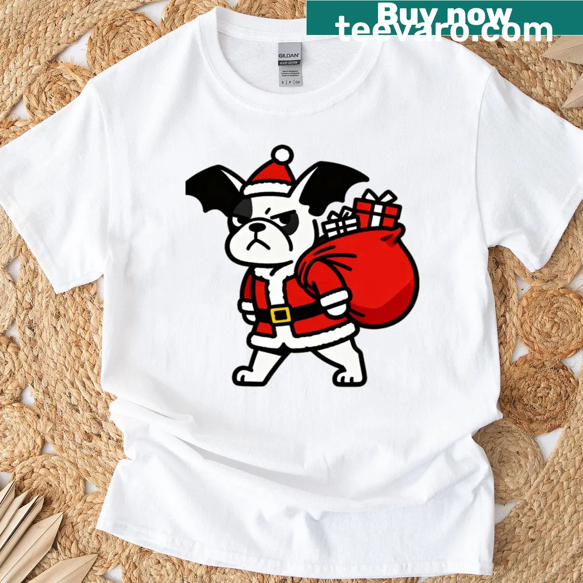 Funny Christmas design featuring a French Bulldog with bat wings — on a men's t-shirt