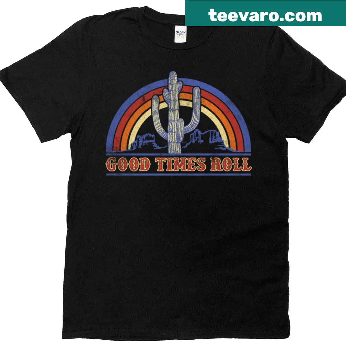 Vintage sunset scene with 'Good Times Roll' text — on a men's t-shirt