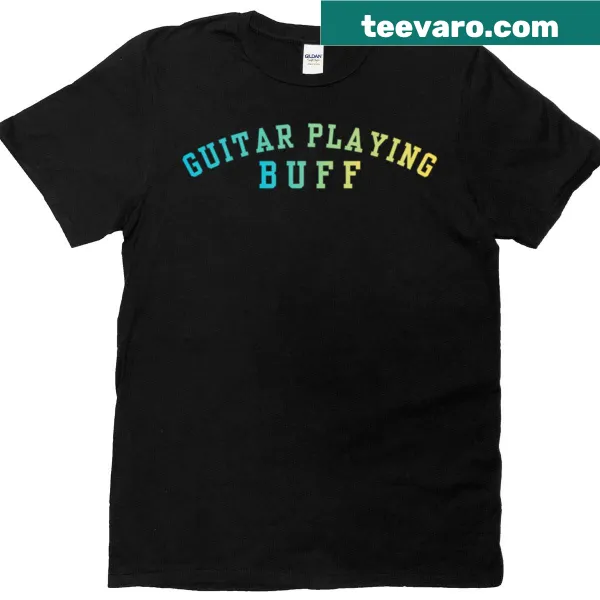 Illustration of a buff figure playing guitar on a T-shirt.