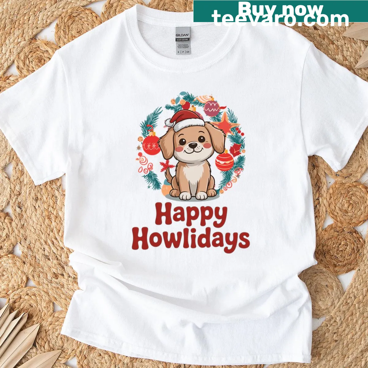 Cute puppy in a wreath with Happy Howlidays text on a t-shirt — on a men's t-shirt