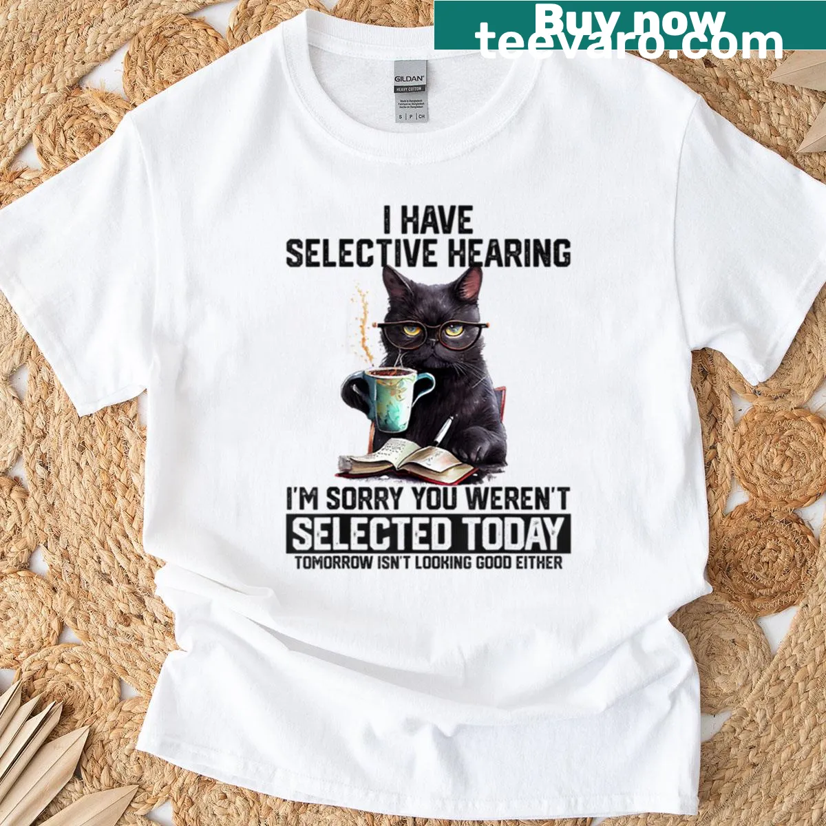 Funny black cat t-shirt with sarcastic text — on a men's t-shirt