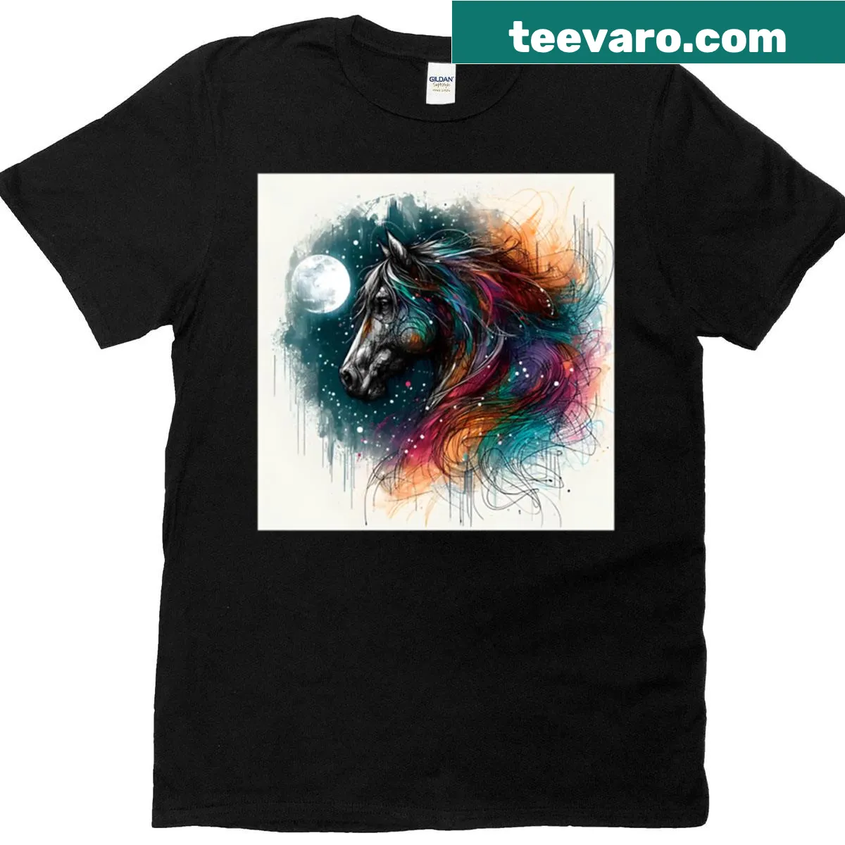 T-shirt featuring an illustration of a horse with the moon and stars — on a men's t-shirt