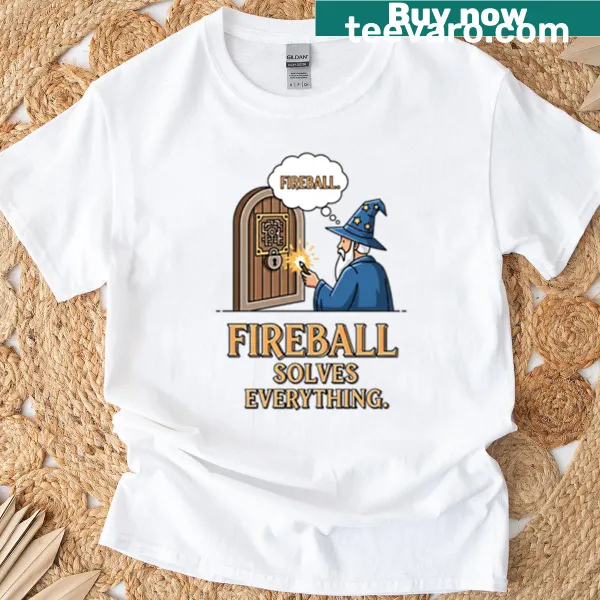 I Cast Fireball t-shirt with playful flames graphic
