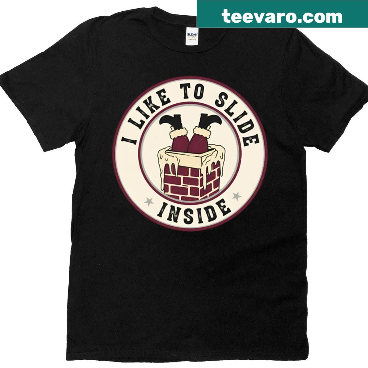 Funny Christmas tee for couples saying 'I Like To Slide Inside' — on a men's t-shirt
