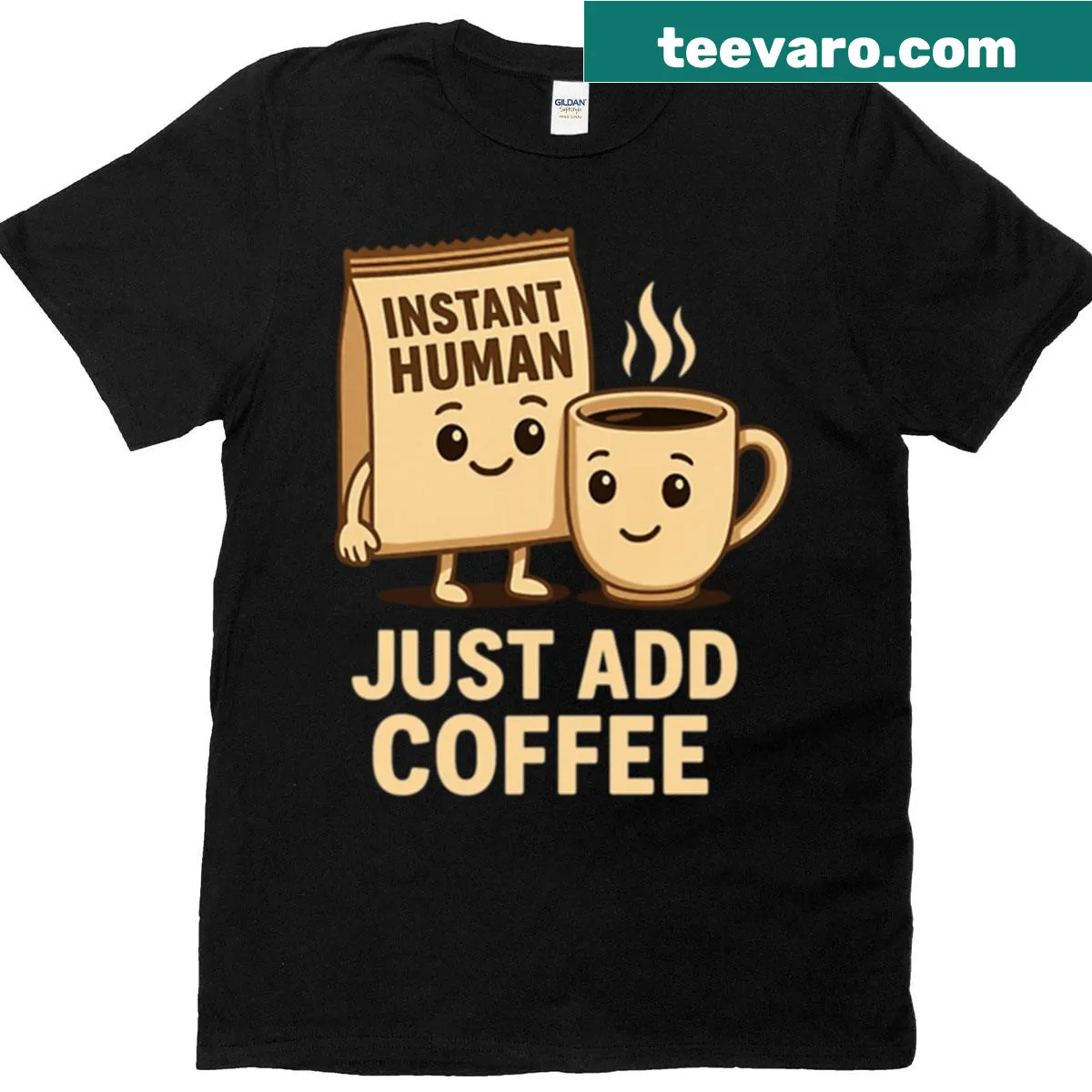 Funny coffee cartoon tee with 'Instant Human Just Add Coffee' — on a men's t-shirt