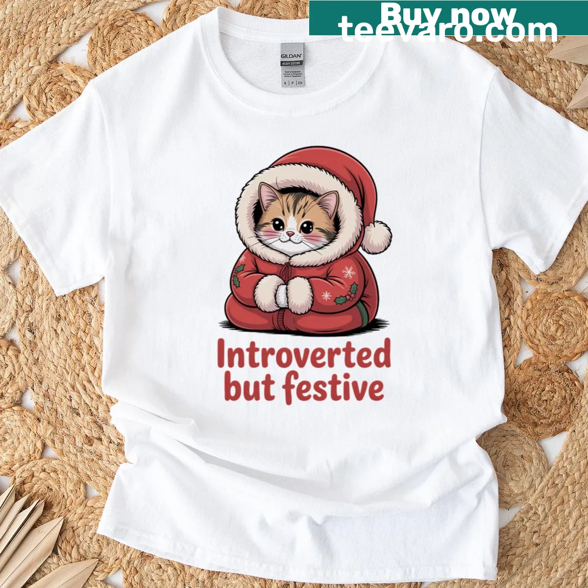 Cartoon graphic of a festive cat on a Christmas t-shirt. — on a men's t-shirt