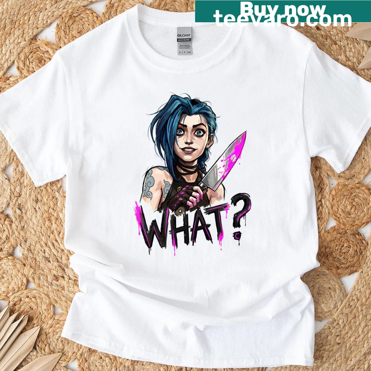 T-shirt with 'Jinx Vibes What Arcane Chaos Queen' typography — on a men's t-shirt