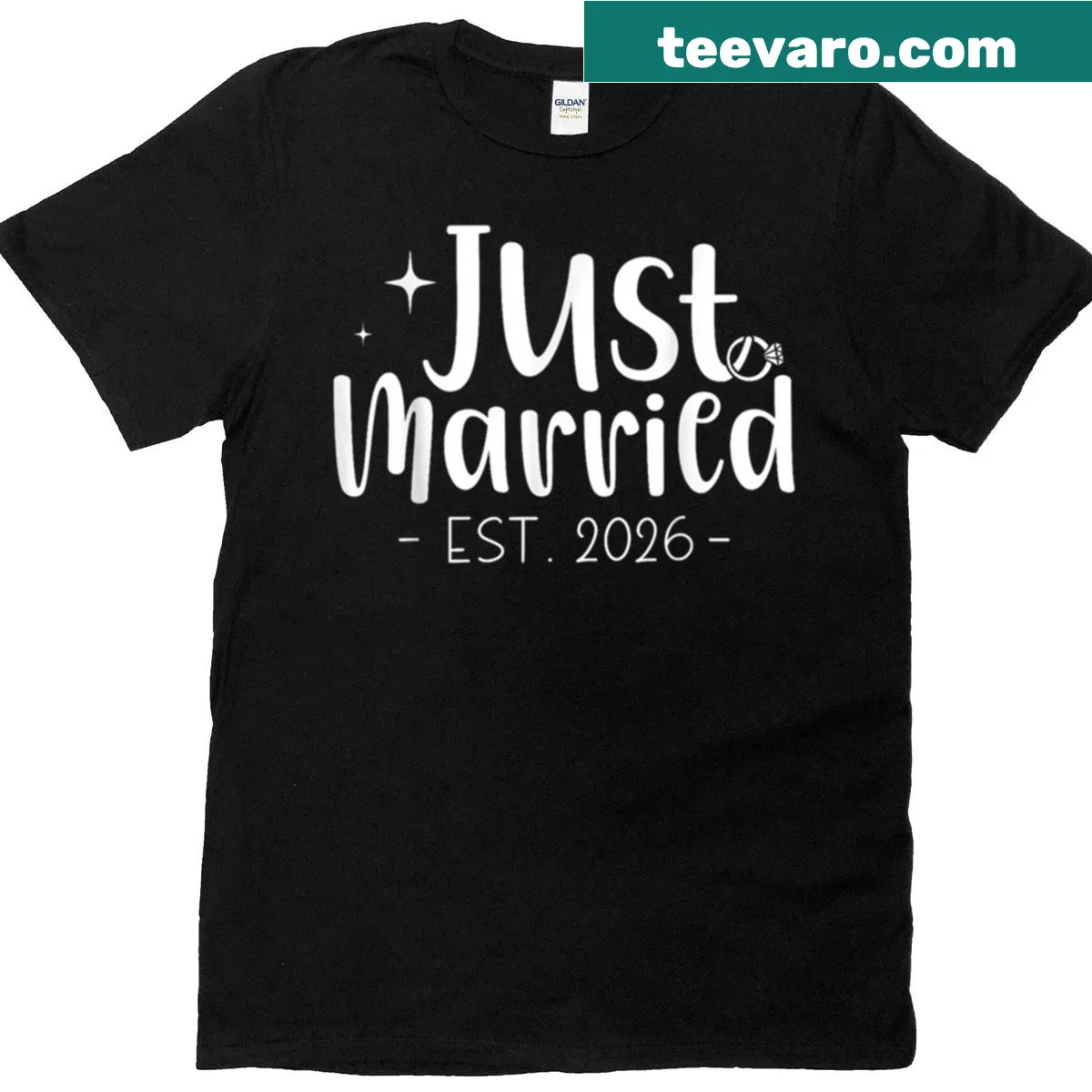 T-shirt with 'Just Married 2026' text for couples — on a men's t-shirt