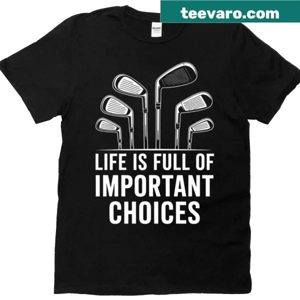 Humorous golf-themed T-shirt with graphic of golf clubs