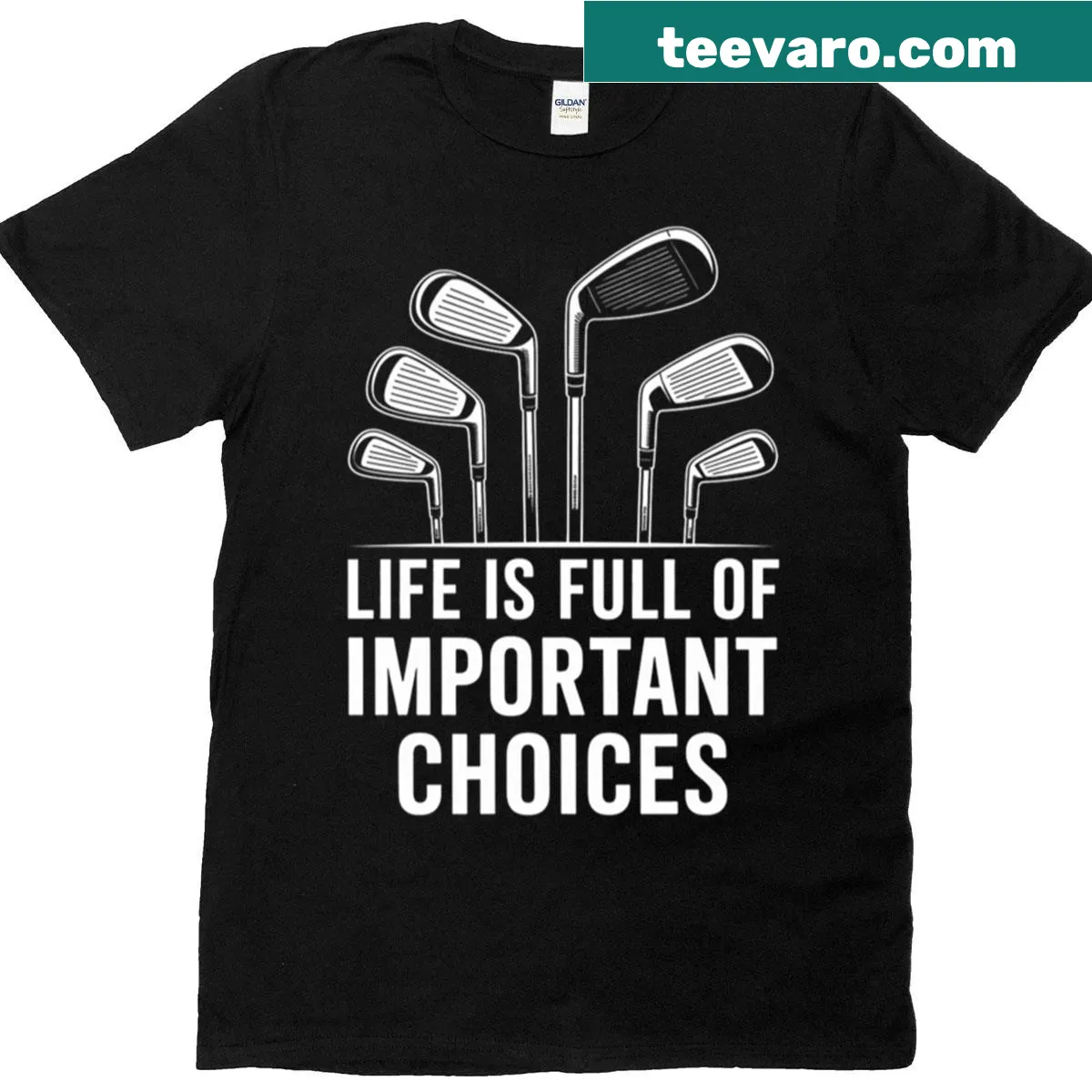 Humorous golf-themed T-shirt with graphic of golf clubs — on a men's t-shirt