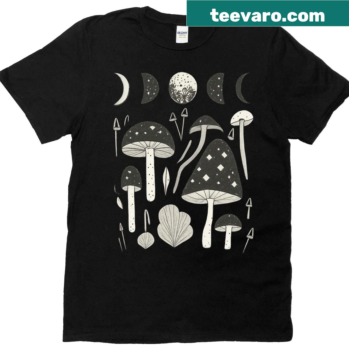 Whimsical T-shirt featuring magical mushrooms and a crescent moon design — on a men's t-shirt