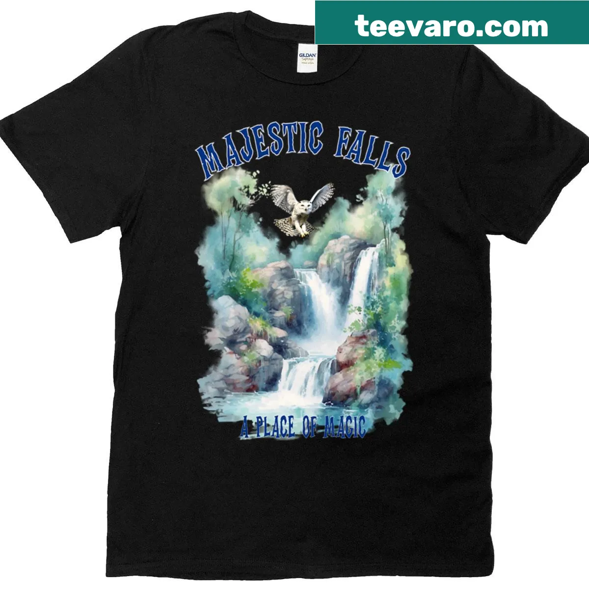 Illustration of a wise owl by a waterfall on a T-shirt — on a men's t-shirt