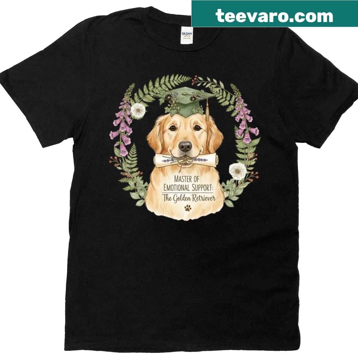 Cartoon Golden Retriever with text 'Master Of Emotional Support' for graduation — on a men's t-shirt
