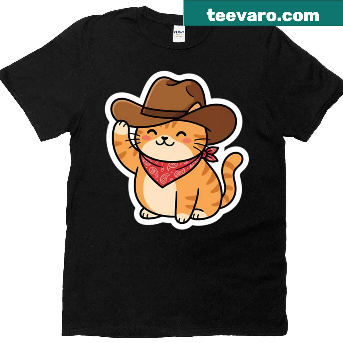 Cartoon cat in cowboy attire with 'Meowdy Partner' text — on a men's t-shirt