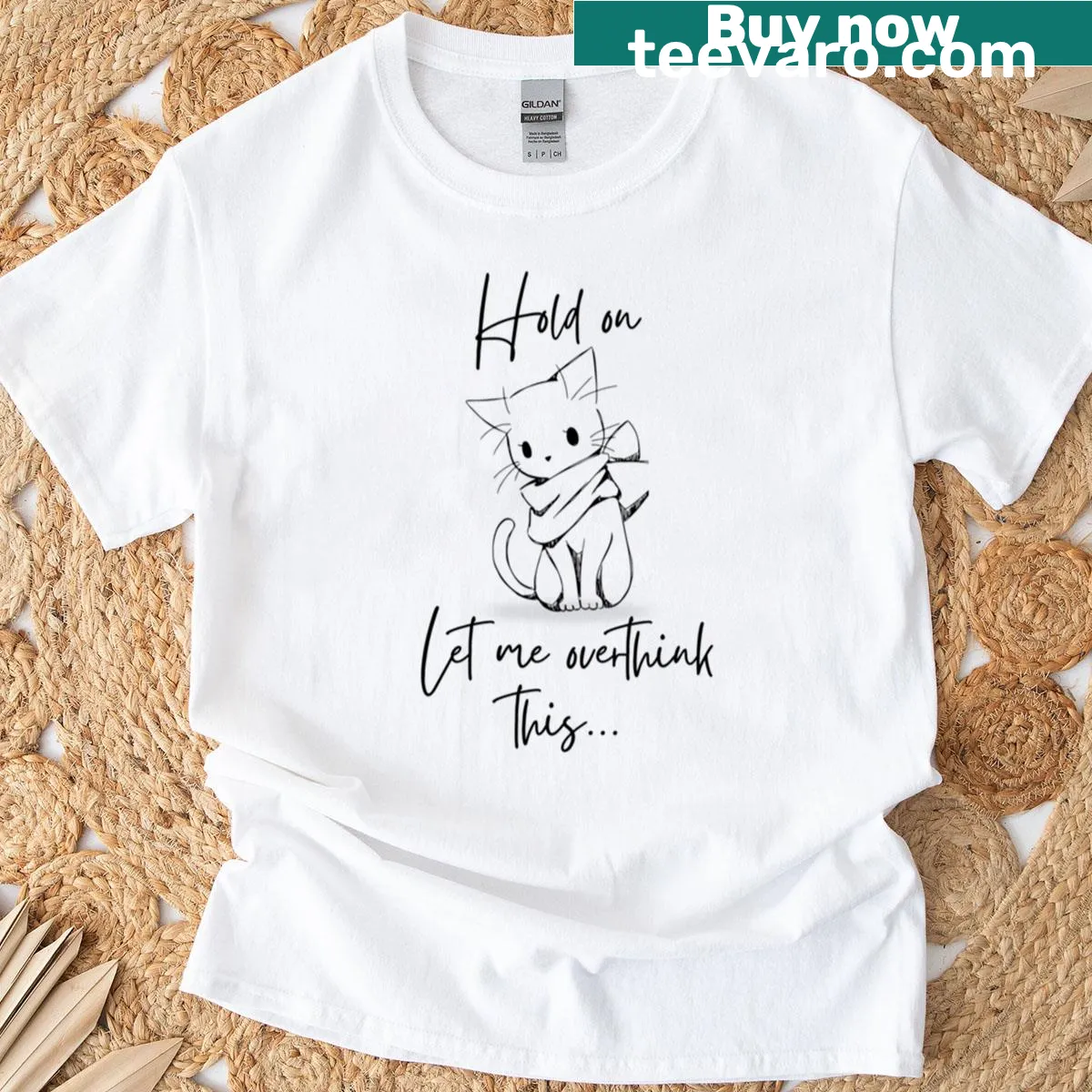 Cute minimalist illustration of an overthinking cat on a t-shirt — on a men's t-shirt