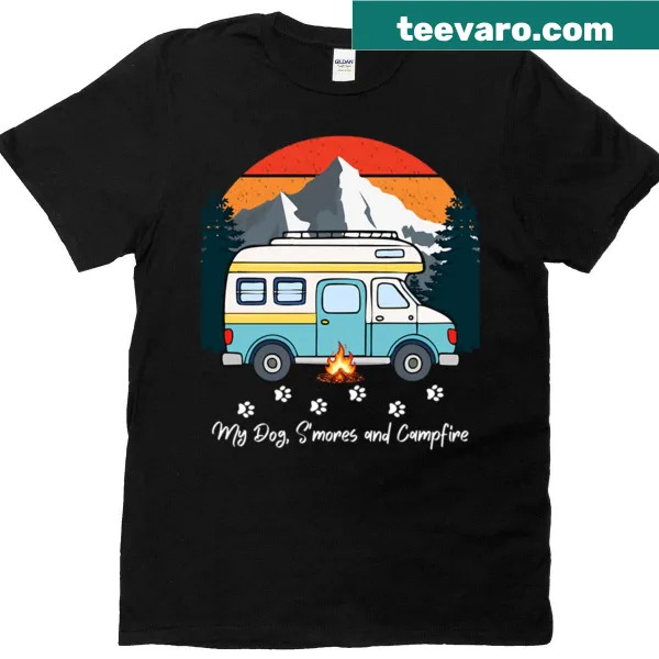 T-shirt with camping design featuring a dog, campfire, and s'mores