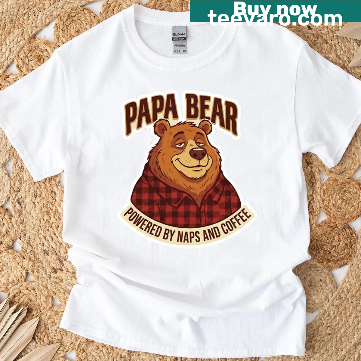 Funny Papa Bear T-shirt with coffee and lumberjack art — on a men's t-shirt