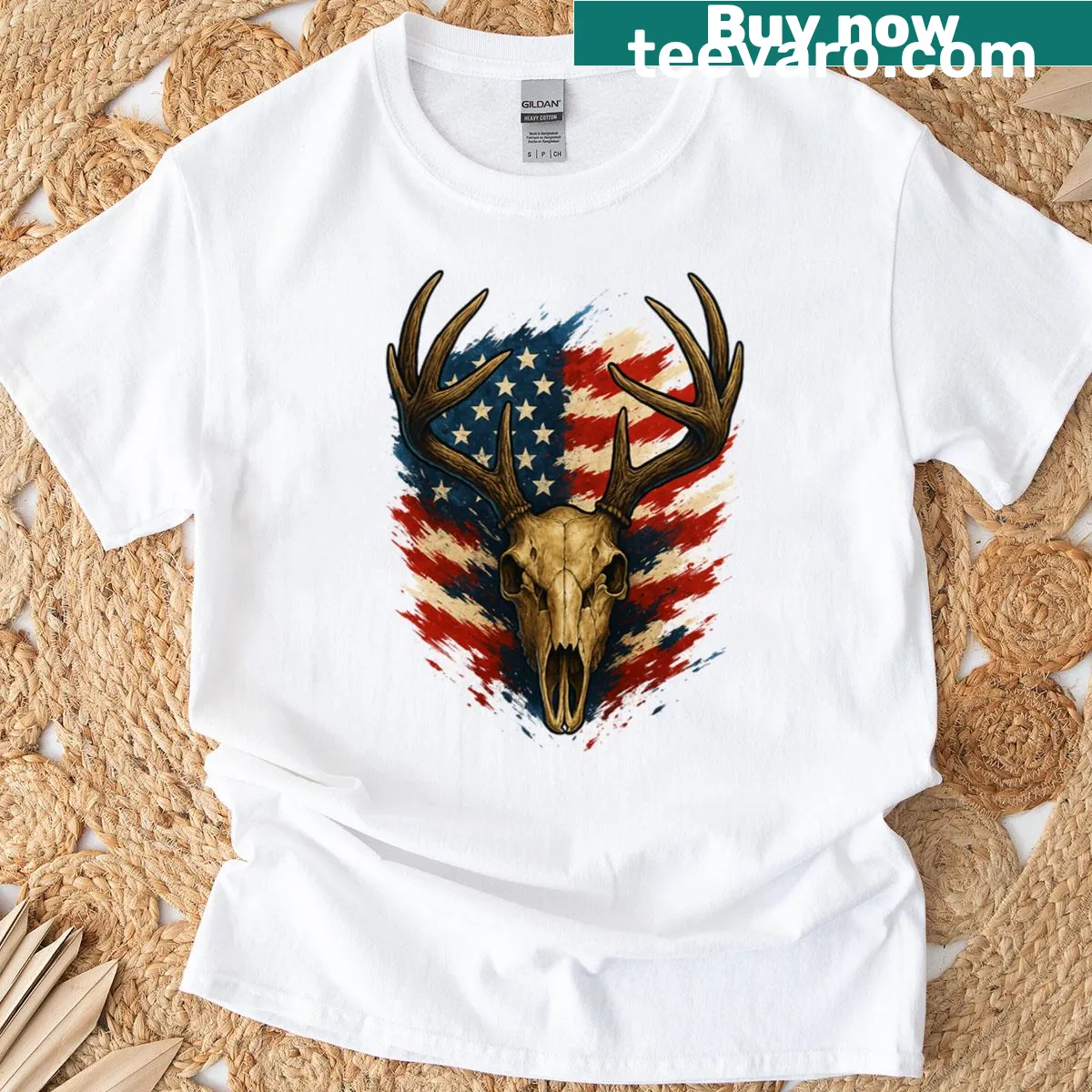 Deer skull design with American flag, perfect for hunting enthusiasts — on a men's t-shirt
