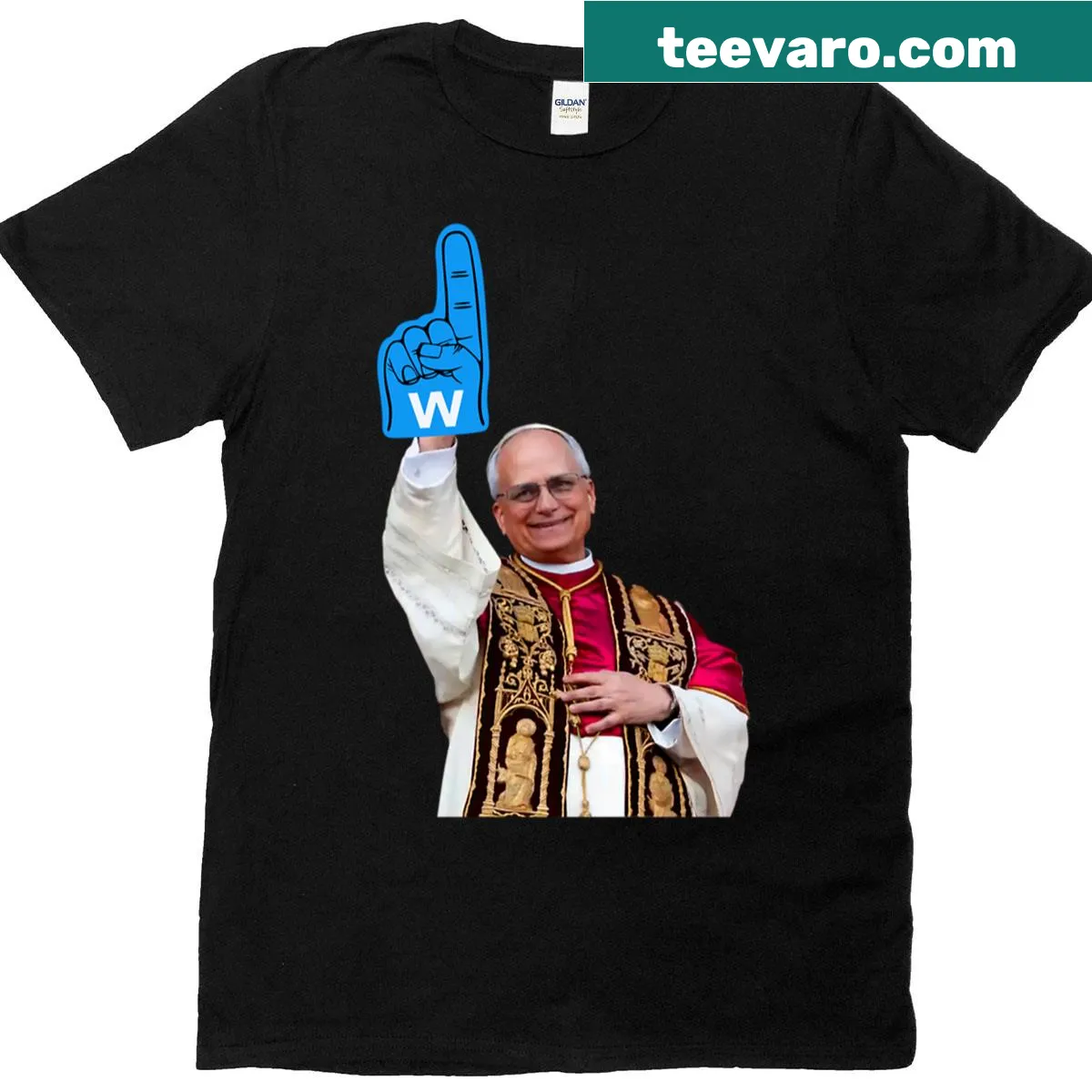 Playful Pope Leo XIV foam finger illustration t-shirt — on a men's t-shirt
