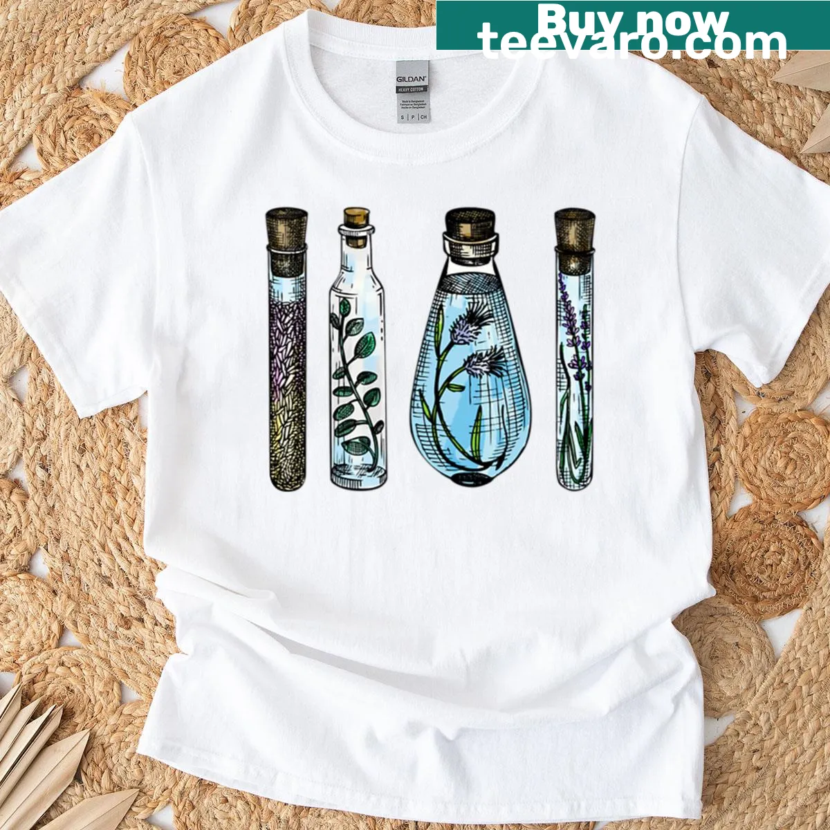 Whimsical T-shirt featuring potion ingredients like herbs and colorful crystals — on a men's t-shirt