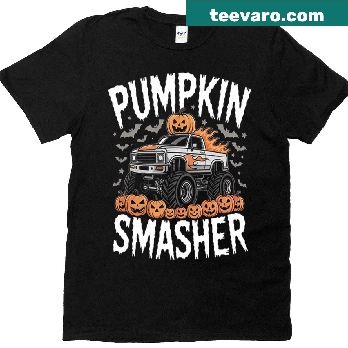 T-shirt featuring a monster truck smashing pumpkins for Halloween — on a men's t-shirt