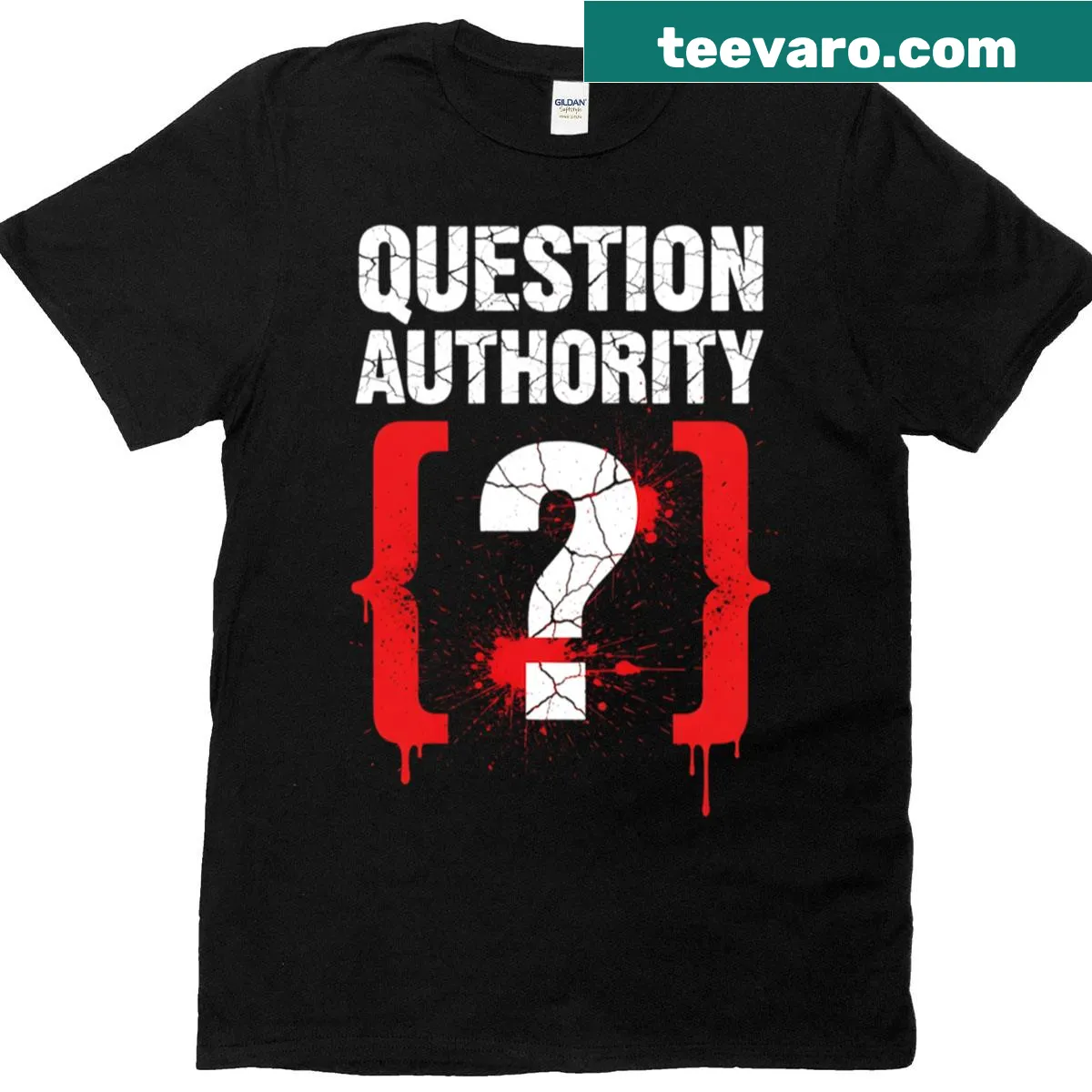Bold typography design with 'Question Authority' on a T-shirt — on a men's t-shirt