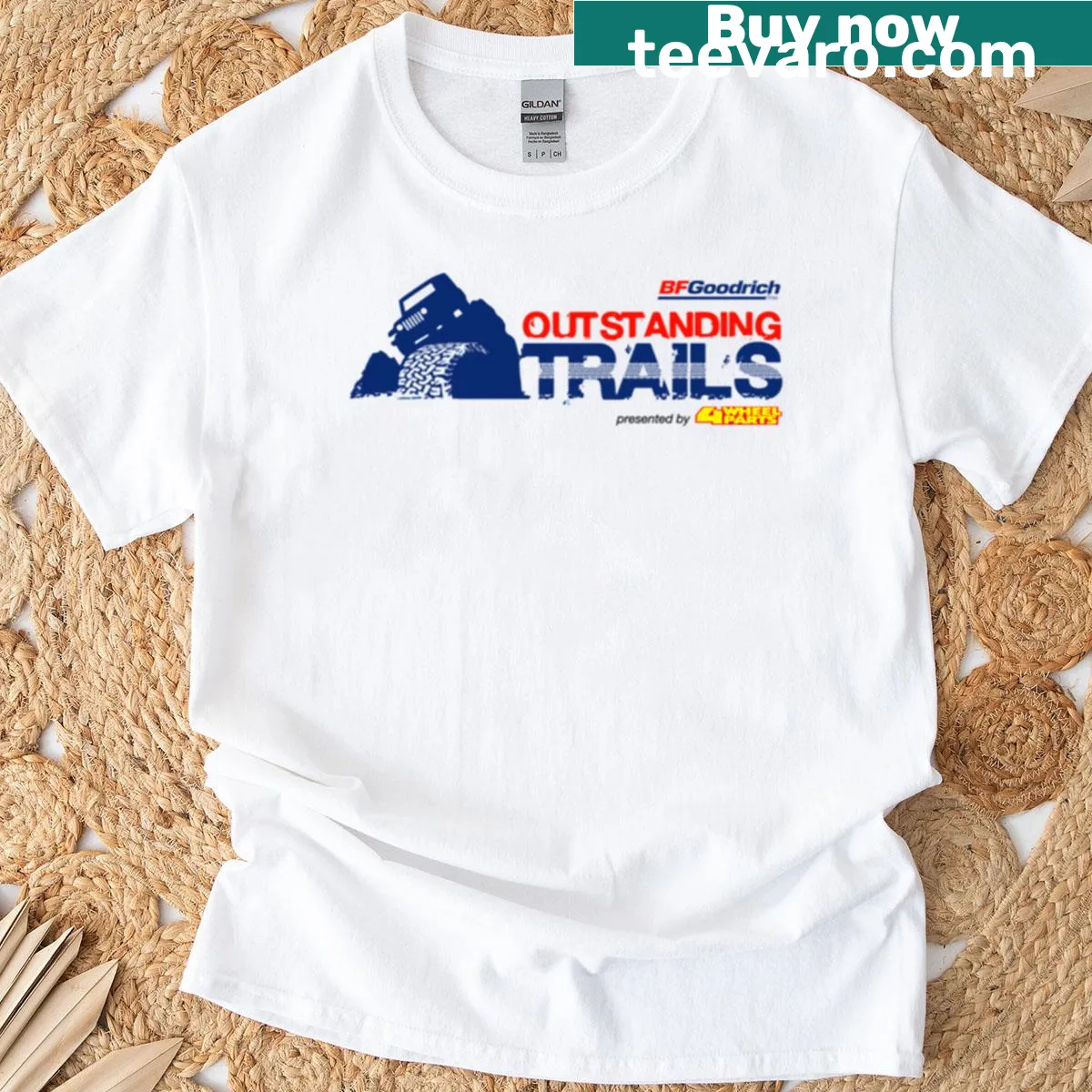 Bold graphic of Rally 4x4 and Goodrich Monster Tires — on a men's t-shirt