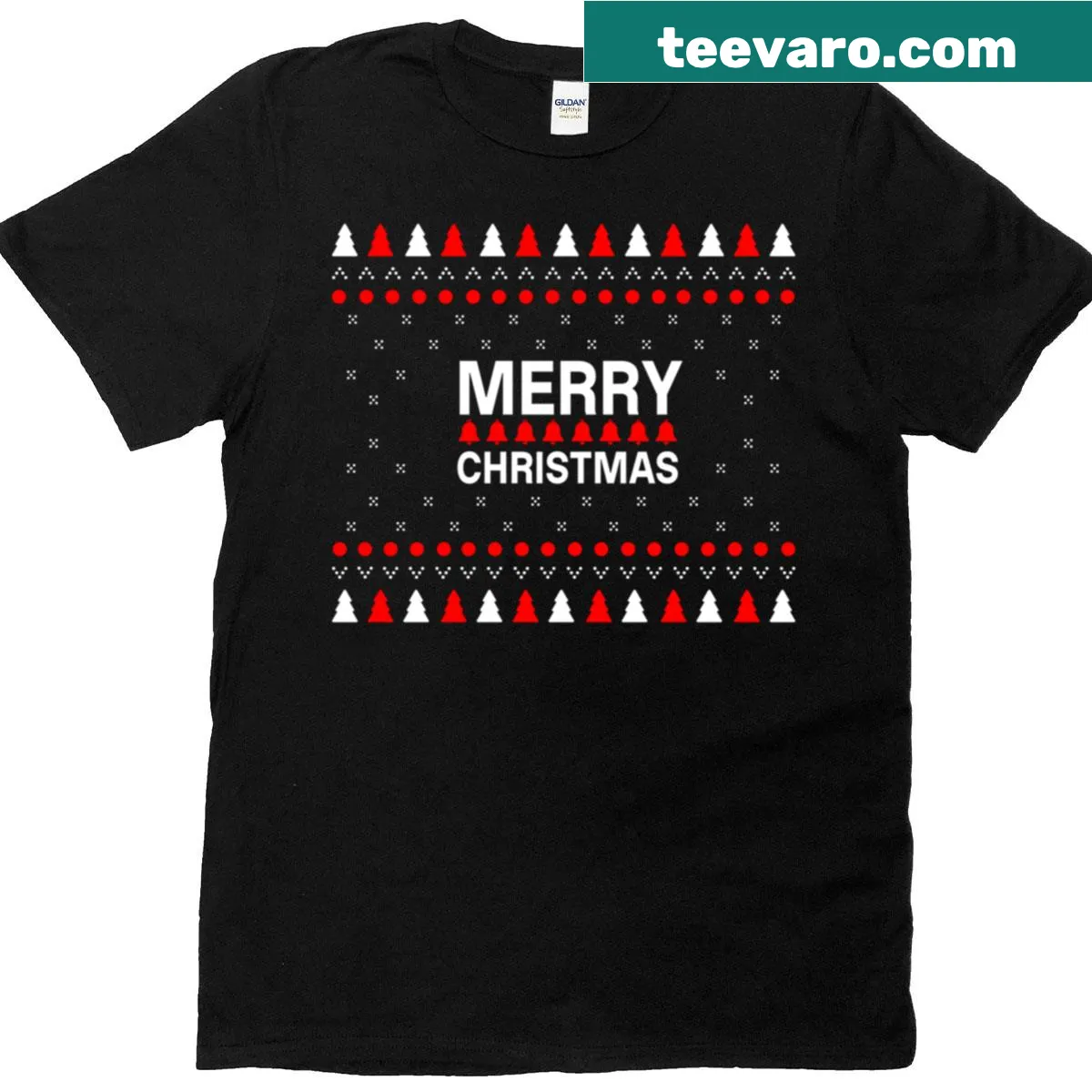 Christmas T-shirt with playful red and white pattern — on a men's t-shirt