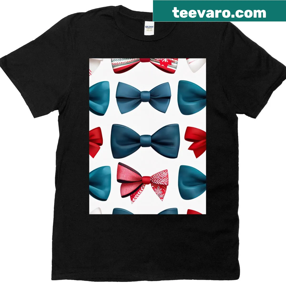 Christmas T-shirt with playful red and blue bow pattern — on a men's t-shirt