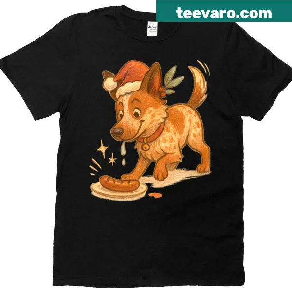 Playful illustration of a Red Heeler labeled 'Sausage Snatcher' for Christmas.