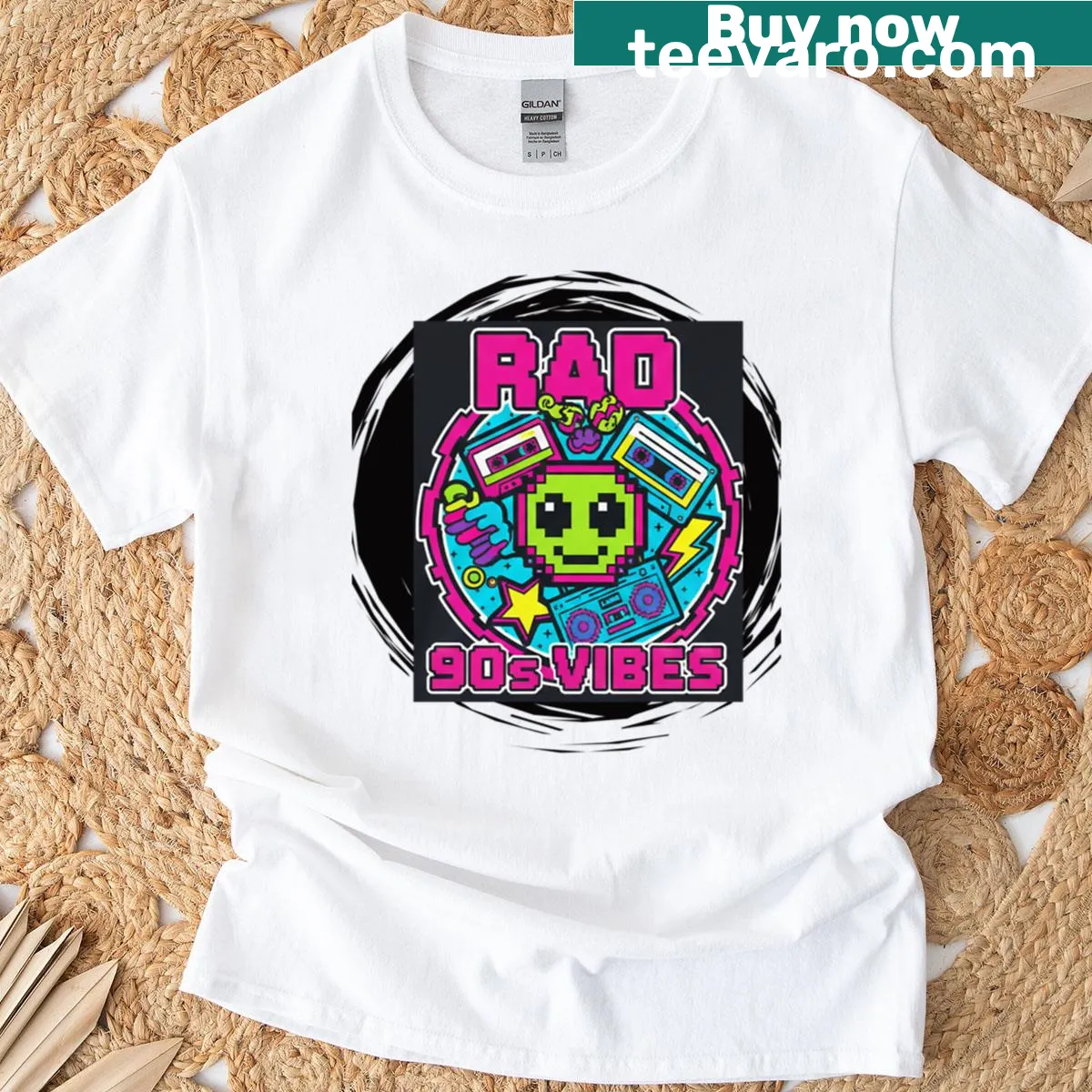 Neon pixel art graphic design t-shirt inspired by the 90s — on a men's t-shirt