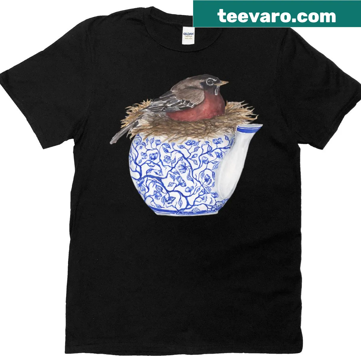 Illustrative T-shirt featuring a charming robin's nest design — on a men's t-shirt