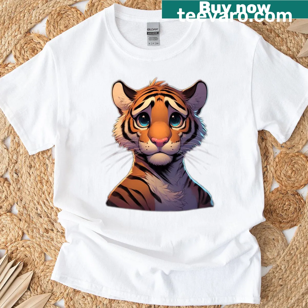 Realistic portrait t-shirt of a sad tiger — on a men's t-shirt