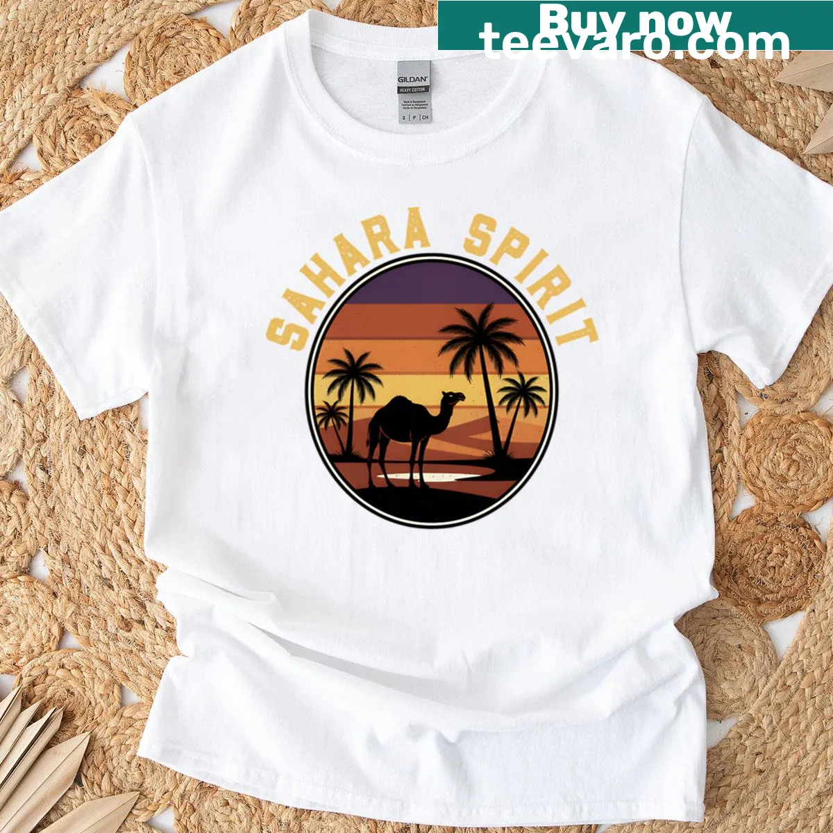 Desert adventure artwork T-shirt featuring a Sahara landscape illustration — on a men's t-shirt