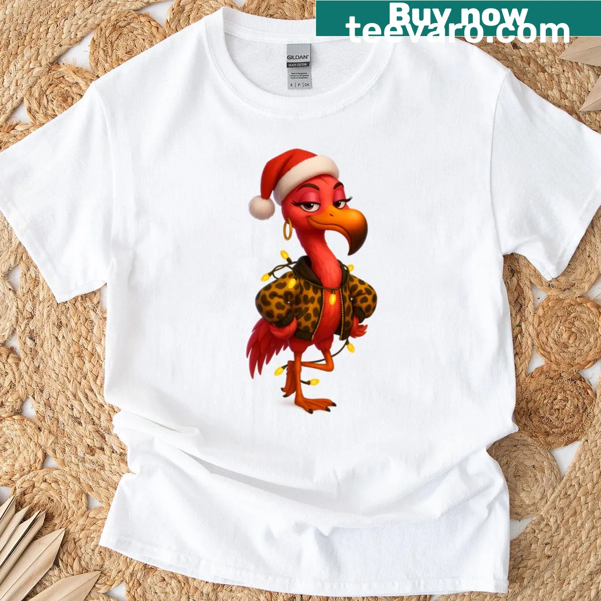 Funny Christmas flamingo T-shirt with leopard print design — on a men's t-shirt