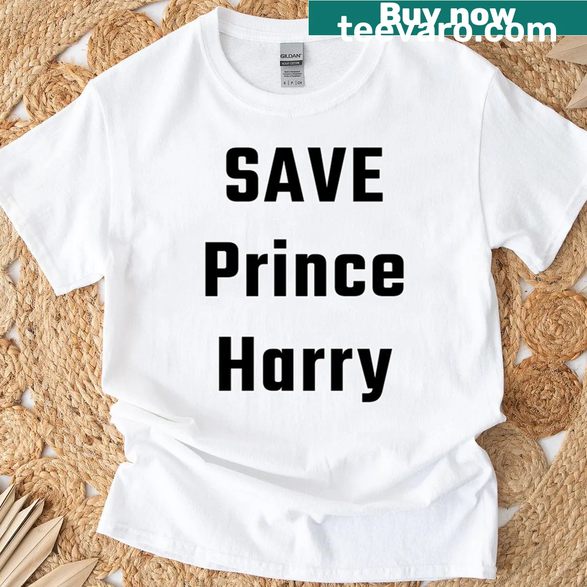 Black T-shirt with 'Save Prince Harry' humorous text — on a men's t-shirt