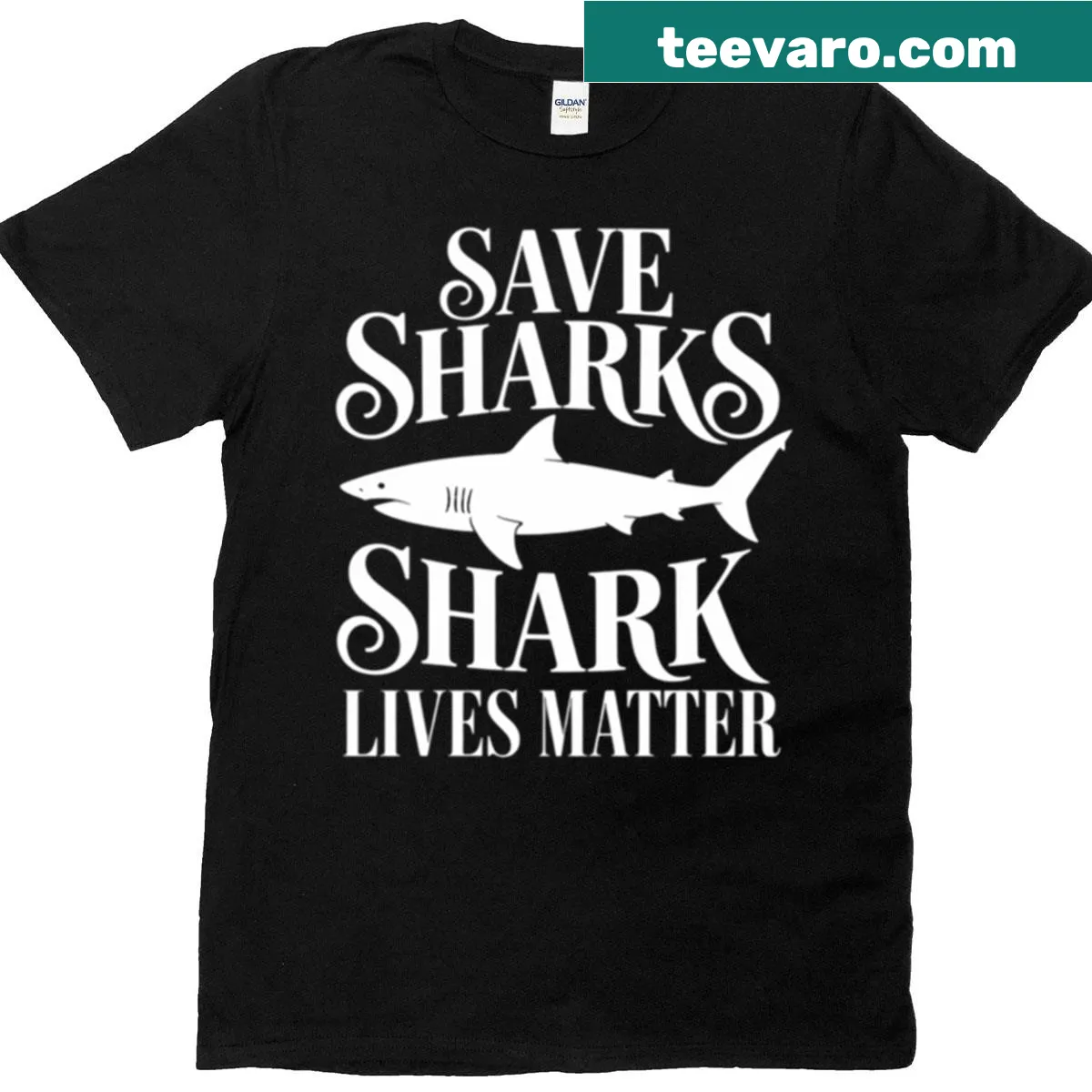 Illustrated t-shirt with 'Shark Lives Matter' slogan and shark graphic — on a men's t-shirt